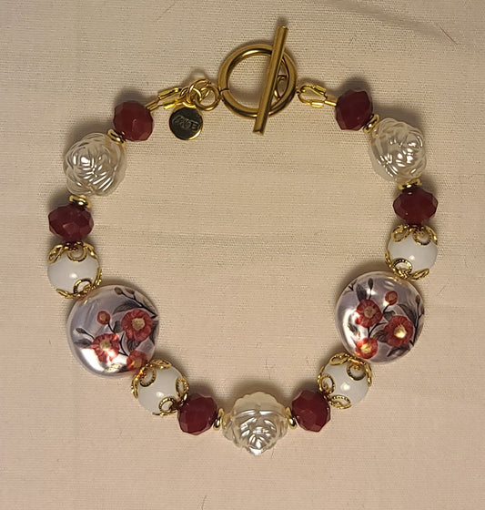 Celebration of Red Acrylic Gem & Floral Bead Necklace, Bracelet & Earrings Set Gold Stainless Steel