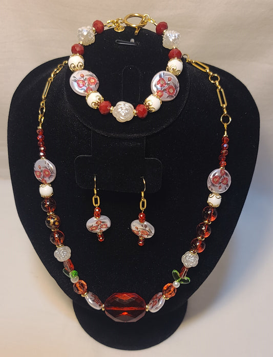 Celebration of Red Acrylic Gem & Floral Bead Necklace, Bracelet & Earrings Set Gold Stainless Steel