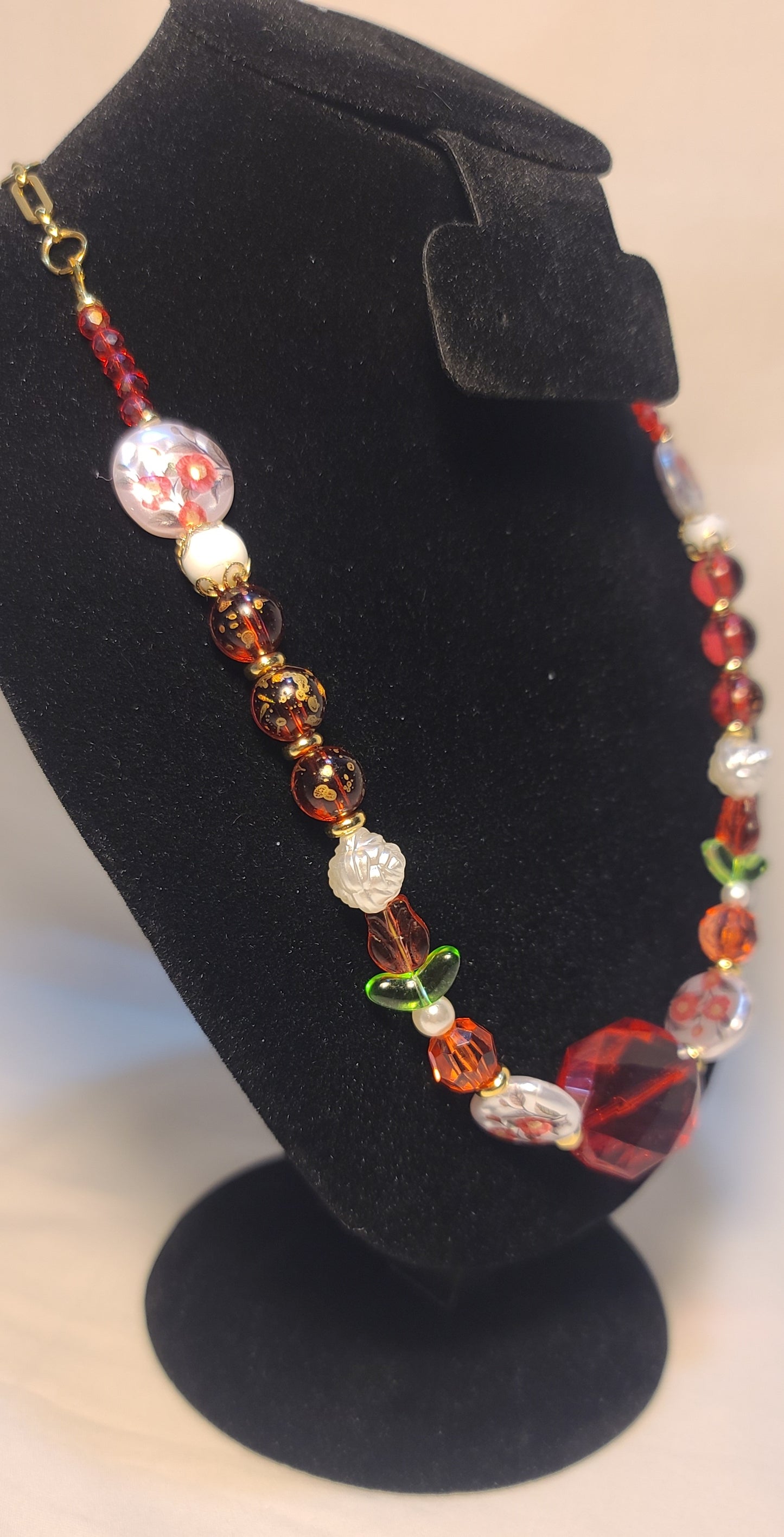 Celebration of Red Acrylic Gem & Floral Bead Necklace, Bracelet & Earrings Set Gold Stainless Steel