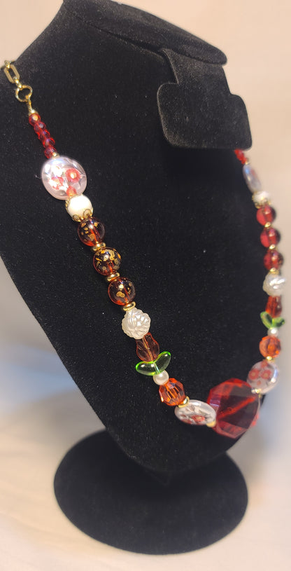 Celebration of Red Acrylic Gem & Floral Bead Necklace, Bracelet & Earrings Set Gold Stainless Steel