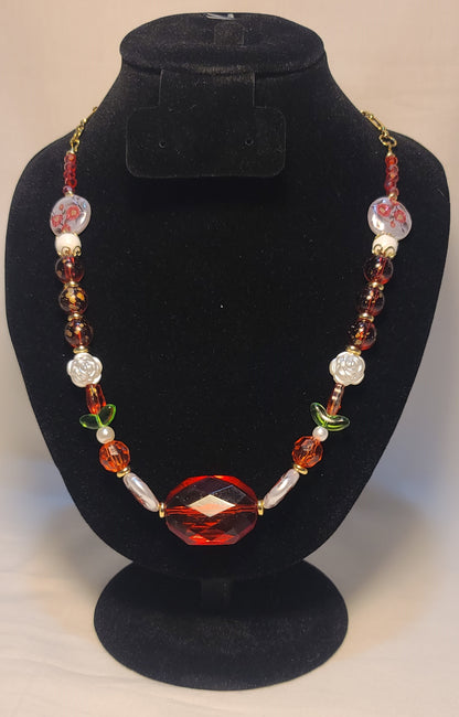Celebration of Red Acrylic Gem & Floral Bead Necklace, Bracelet & Earrings Set Gold Stainless Steel