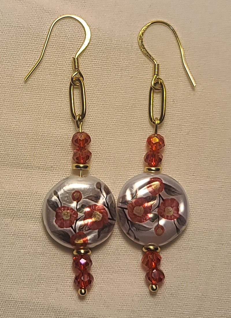 Celebration of Red Acrylic Gem & Floral Bead Necklace, Bracelet & Earrings Set Gold Stainless Steel