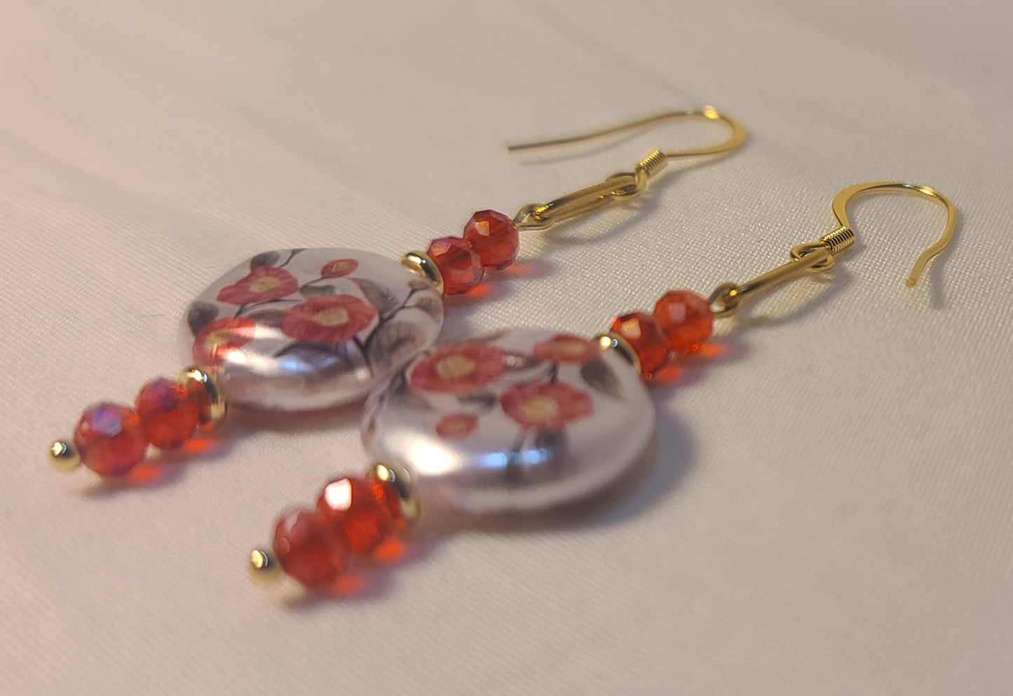 Celebration of Red Acrylic Gem & Floral Bead Necklace, Bracelet & Earrings Set Gold Stainless Steel