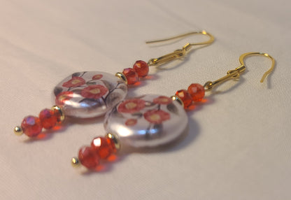 Celebration of Red Acrylic Gem & Floral Bead Necklace, Bracelet & Earrings Set Gold Stainless Steel