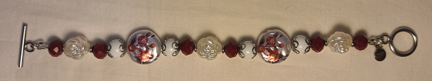 Celebration of Red Acrylic Gem & Floral Bead Necklace, Bracelet & Earrings Set Stainless Steel