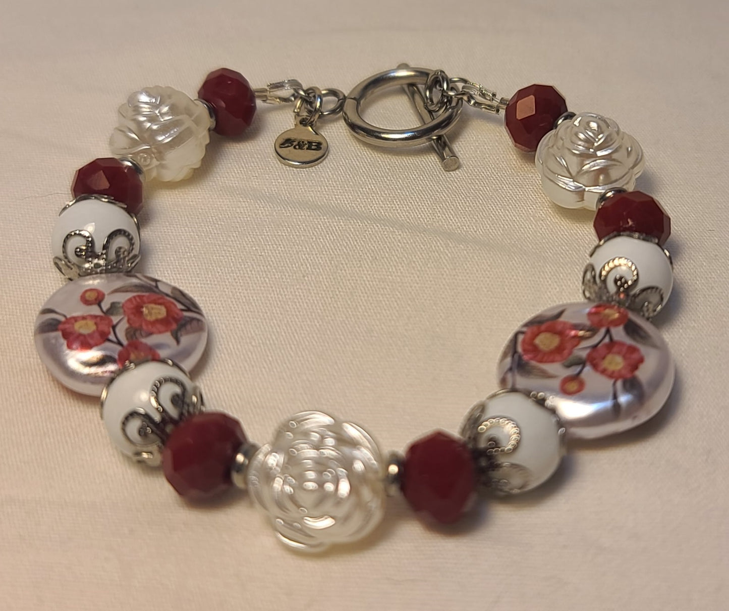 Celebration of Red Acrylic Gem & Floral Bead Necklace, Bracelet & Earrings Set Stainless Steel