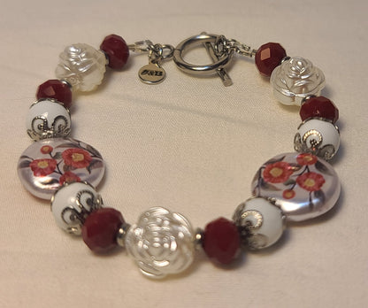 Celebration of Red Acrylic Gem & Floral Bead Necklace, Bracelet & Earrings Set Stainless Steel