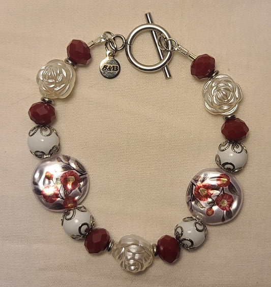 Celebration of Red Acrylic Gem & Floral Bead Necklace, Bracelet & Earrings Set Stainless Steel