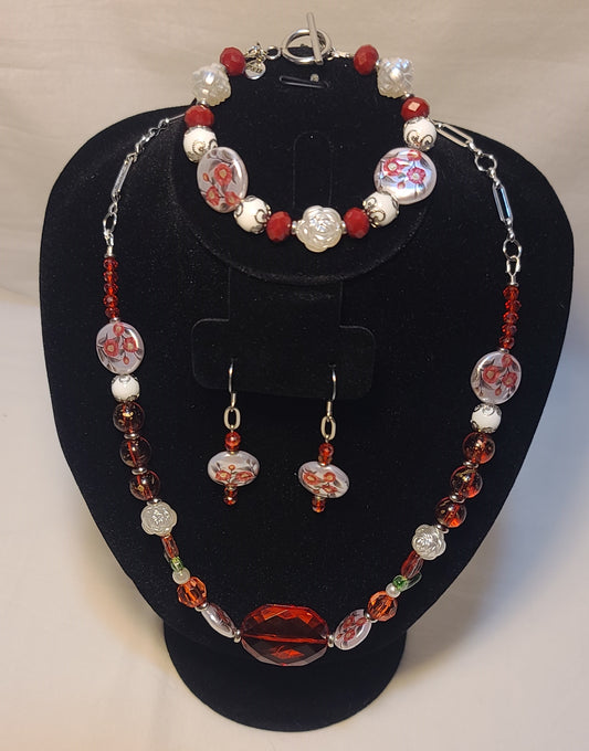 Celebration of Red Acrylic Gem & Floral Bead Necklace, Bracelet & Earrings Set Stainless Steel