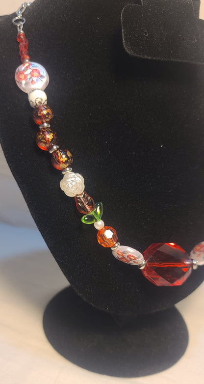 Celebration of Red Acrylic Gem & Floral Bead Necklace, Bracelet & Earrings Set Stainless Steel