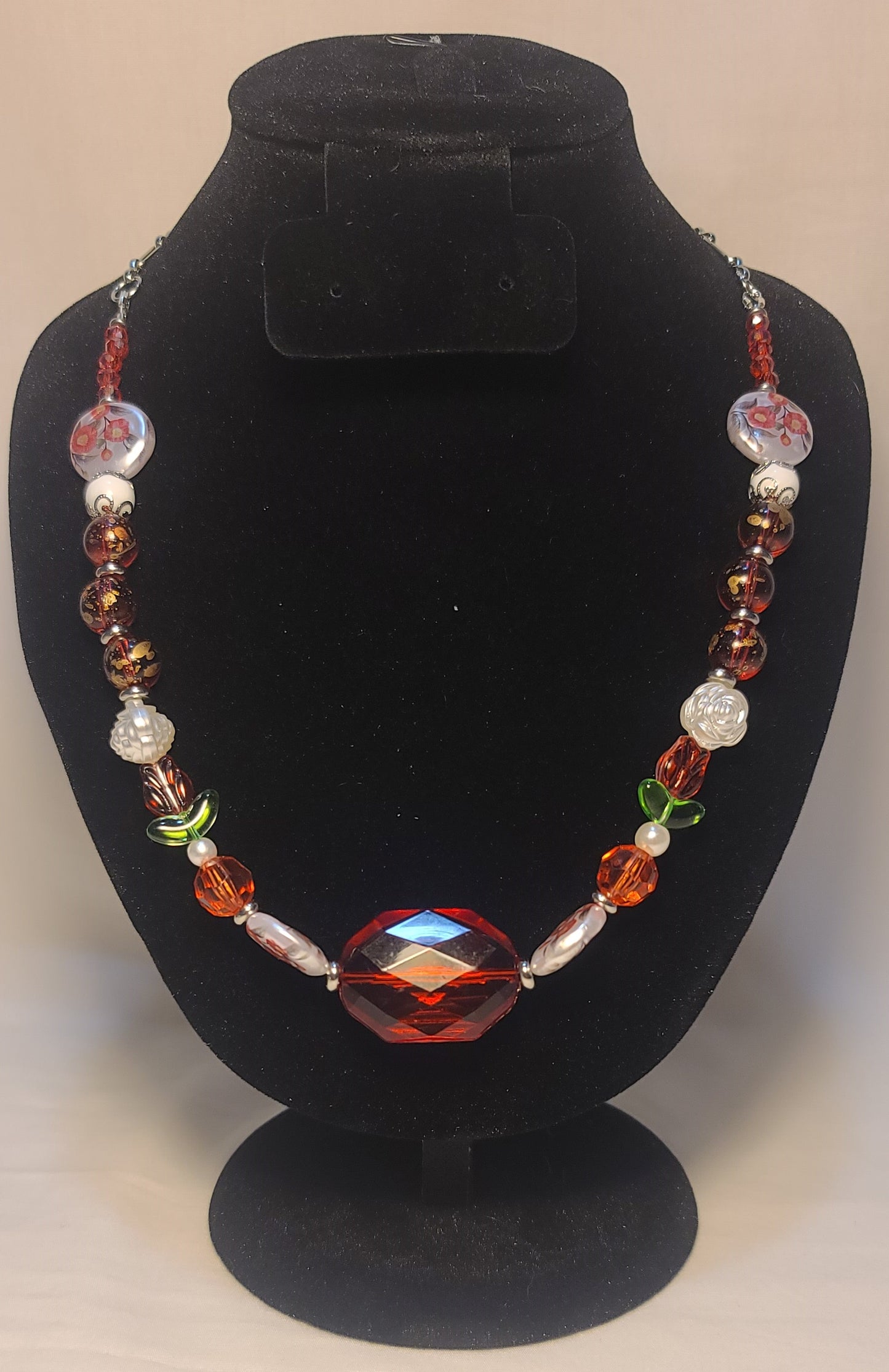 Celebration of Red Acrylic Gem & Floral Bead Necklace, Bracelet & Earrings Set Stainless Steel