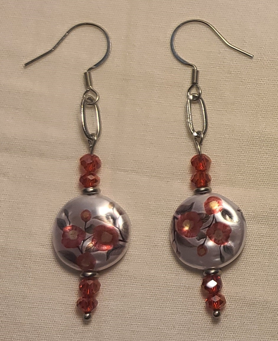 Celebration of Red Acrylic Gem & Floral Bead Necklace, Bracelet & Earrings Set Stainless Steel