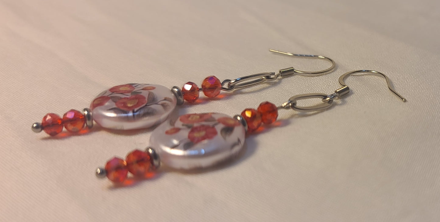 Celebration of Red Acrylic Gem & Floral Bead Necklace, Bracelet & Earrings Set Stainless Steel