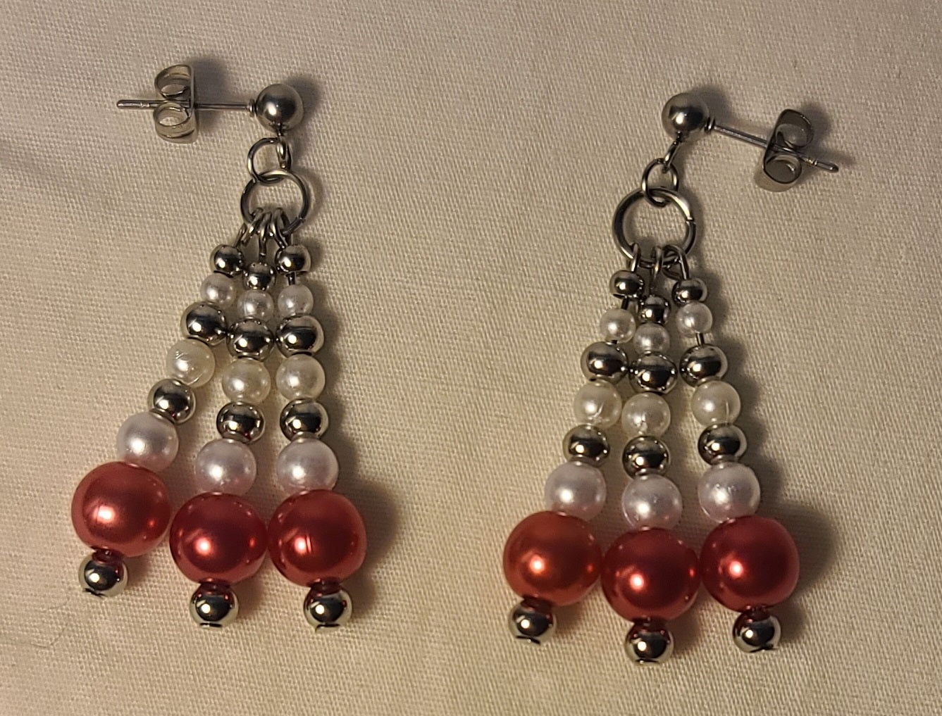 Classic Red, White & Silver Bead Party Pop Dangles with Stud Posts Stainless Steel