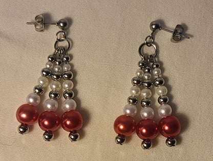 Classic Red, White & Silver Bead Party Pop Dangles with Stud Posts Stainless Steel