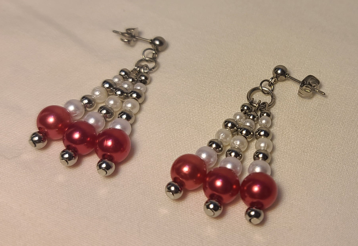 Classic Red, White & Silver Bead Party Pop Dangles with Stud Posts Stainless Steel