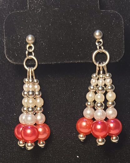 Classic Red, White & Silver Bead Party Pop Dangles with Stud Posts Stainless Steel