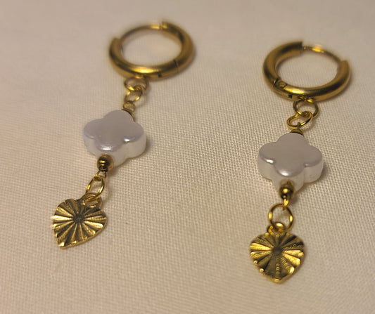Clover & Sunburst Heart Hinged Huggie Hoop Earrings Gold-Toned Stainless Steel 1.5"