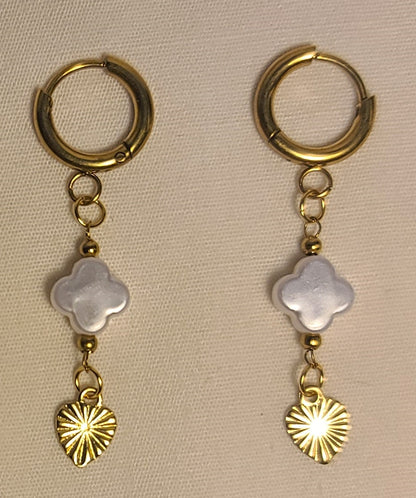 Clover & Sunburst Heart Hinged Huggie Hoop Earrings Gold-Toned Stainless Steel 1.5"