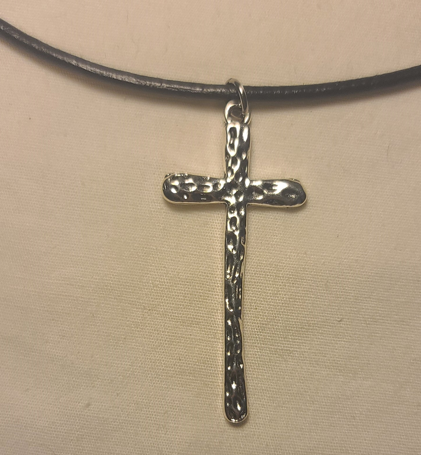 Pewter Cross Necklace on Black Leather Cord 18 to 19 1/2 Inches