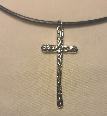 Pewter Cross Necklace on Black Leather Cord 18 to 19 1/2 Inches
