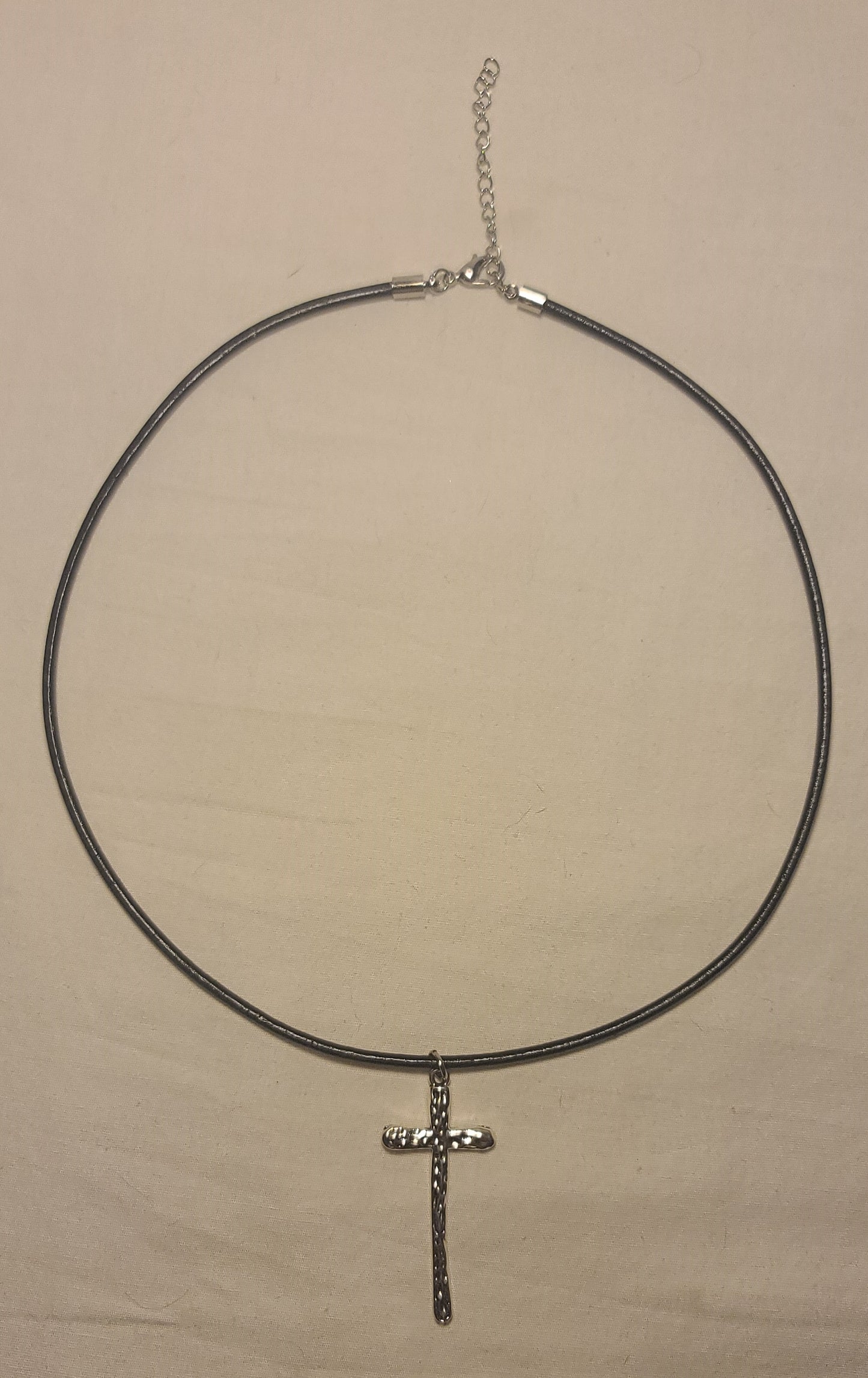 Pewter Cross Necklace on Black Leather Cord 18 to 19 1/2 Inches