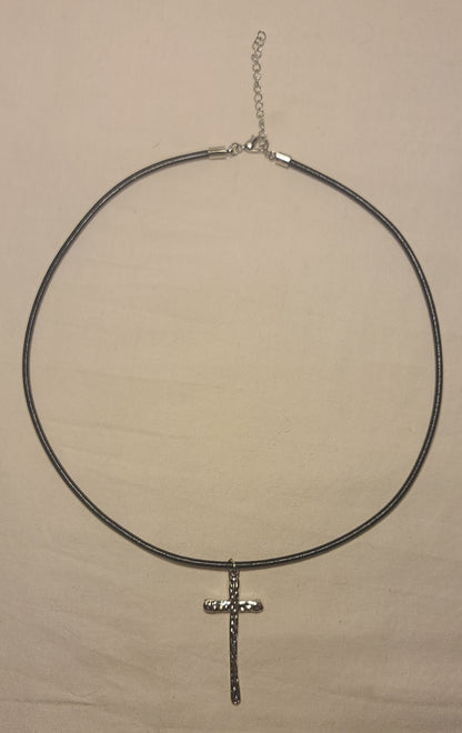 Pewter Cross Necklace on Black Leather Cord 18 to 19 1/2 Inches