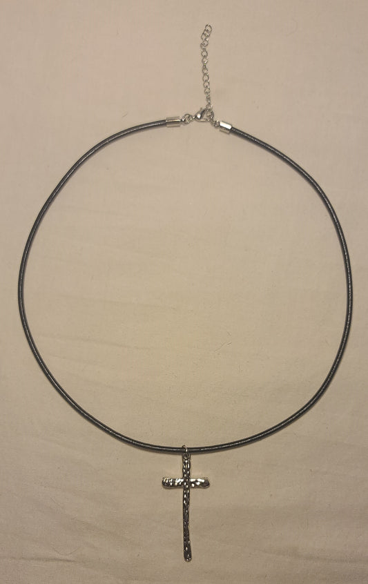 Pewter Cross Necklace on Black Leather Cord 18 to 19 1/2 Inches
