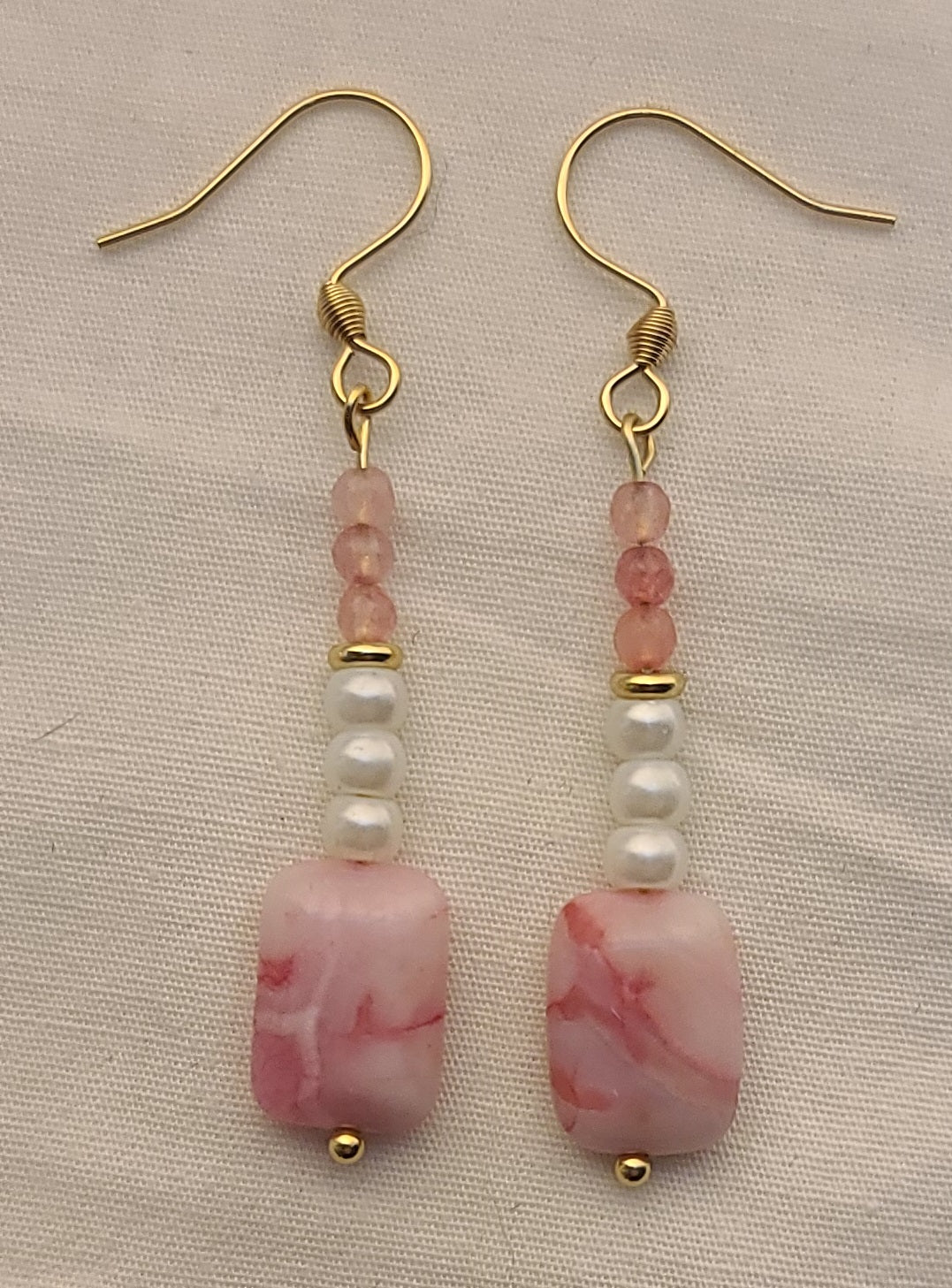 Dainty Faux Pearl with Pink Quartz Bracelet, Earrings, & Necklace Set