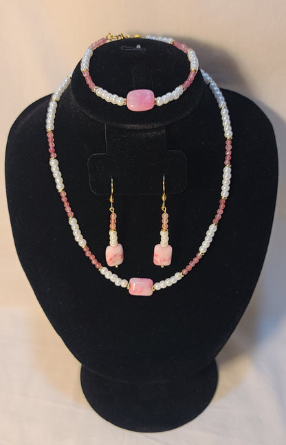 Dainty Faux Pearl with Pink Quartz Bracelet, Earrings, & Necklace Set
