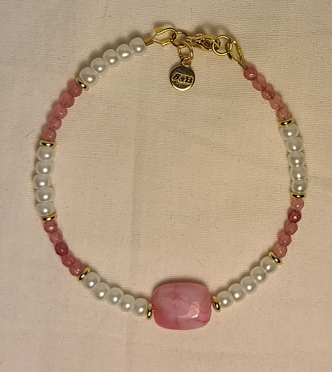 Dainty Faux Pearl with Pink Quartz Bracelet, Earrings, & Necklace Set