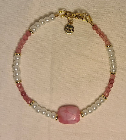 Dainty Faux Pearl with Pink Quartz Bracelet, Earrings, & Necklace Set
