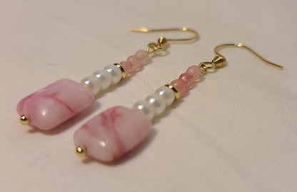 Dainty Faux Pearl with Pink Quartz Bracelet, Earrings, & Necklace Set