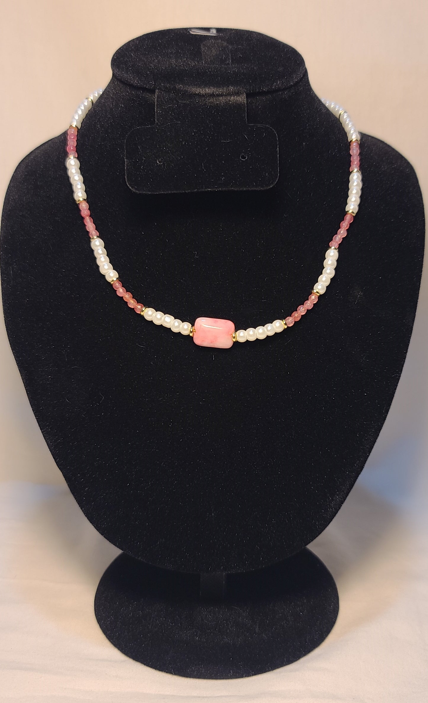 Dainty Faux Pearl with Pink Quartz Bracelet, Earrings, & Necklace Set