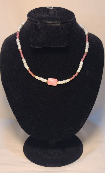 Dainty Faux Pearl with Pink Quartz Bracelet, Earrings, & Necklace Set