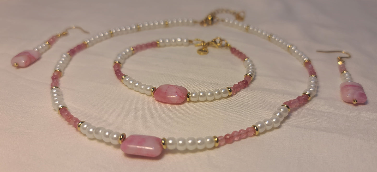 Dainty Faux Pearl with Pink Quartz Bracelet, Earrings, & Necklace Set