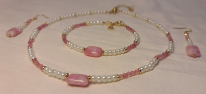 Dainty Faux Pearl with Pink Quartz Bracelet, Earrings, & Necklace Set