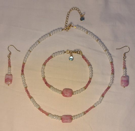Dainty Faux Pearl with Pink Quartz Bracelet, Earrings, & Necklace Set
