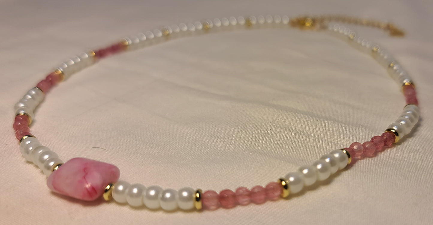 Dainty Faux Pearl with Pink Quartz Bracelet, Earrings, & Necklace Set