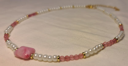 Dainty Faux Pearl with Pink Quartz Bracelet, Earrings, & Necklace Set