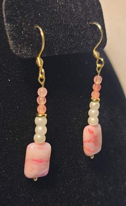 Dainty Faux Pearl with Pink Quartz Bracelet, Earrings, & Necklace Set