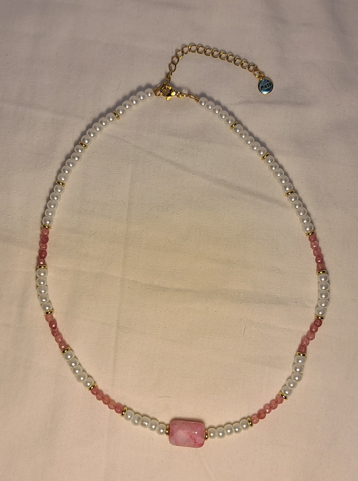 Dainty Faux Pearl with Pink Quartz Bracelet, Earrings, & Necklace Set