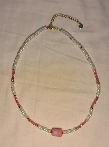 Dainty Faux Pearl with Pink Quartz Bracelet, Earrings, & Necklace Set
