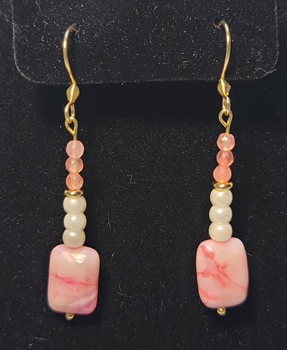 Dainty Faux Pearl with Pink Quartz Bracelet, Earrings, & Necklace Set