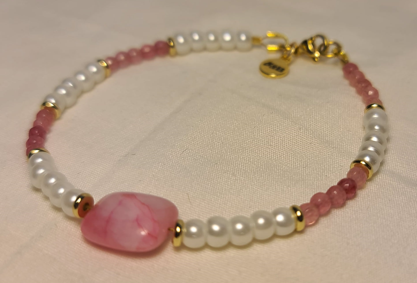 Dainty Faux Pearl with Pink Quartz Bracelet, Earrings, & Necklace Set