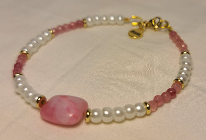 Dainty Faux Pearl with Pink Quartz Bracelet, Earrings, & Necklace Set