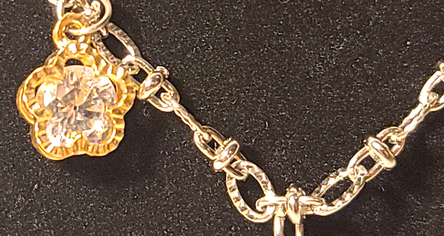Two Layer Stainless Steel Necklace with Gold & Silver Tone Heart & Clover Charms