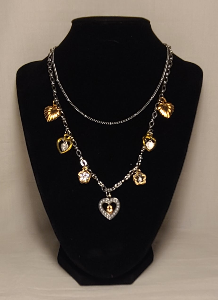 Two Layer Stainless Steel Necklace with Gold & Silver Tone Heart & Clover Charms