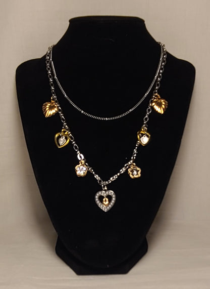 Two Layer Stainless Steel Necklace with Gold & Silver Tone Heart & Clover Charms