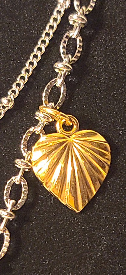 Two Layer Stainless Steel Necklace with Gold & Silver Tone Heart & Clover Charms